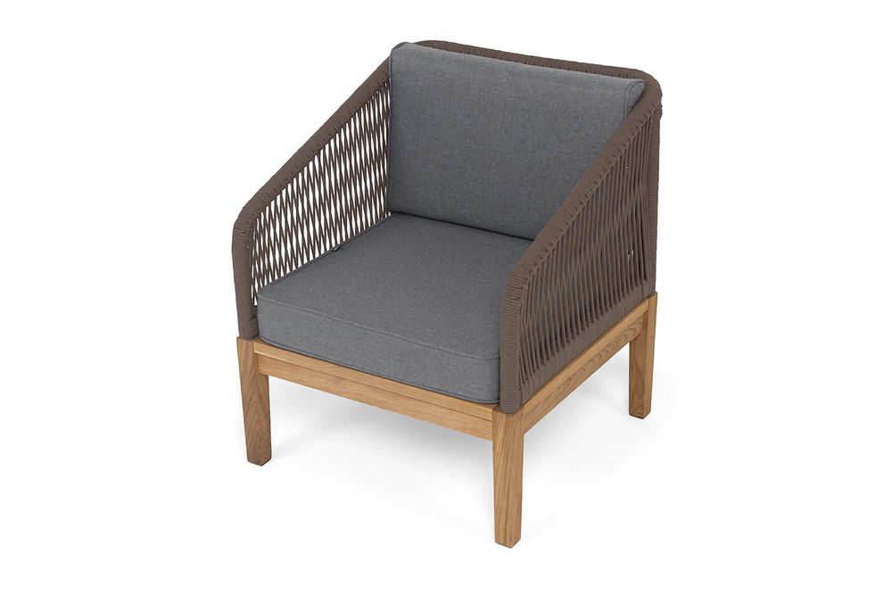 "Канны" кресло плетеное из роупа, основание дуб, роуп коричневый круглый, ткань темно-серая 027