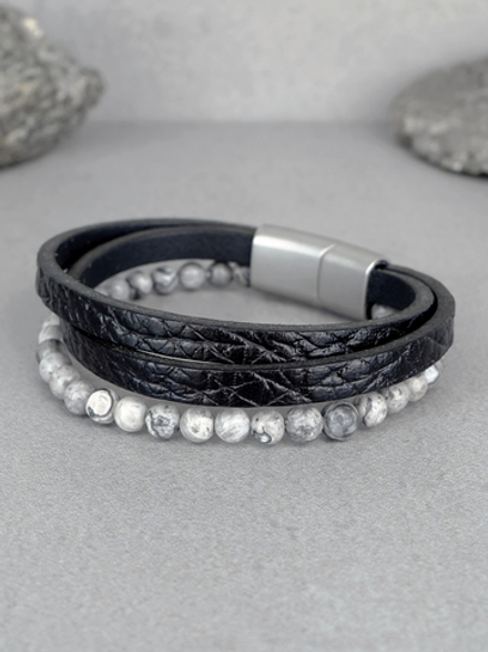 Браслет из натуральной кожи и бусин яшмы