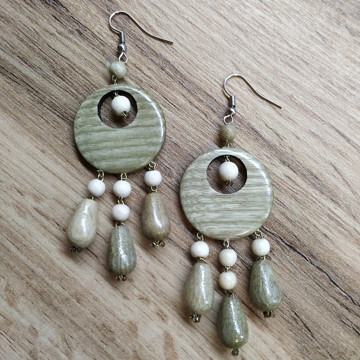 Серьги Сатурн, дерево, цвет бежевый, молочный, светло-коричневый 30x70 мм