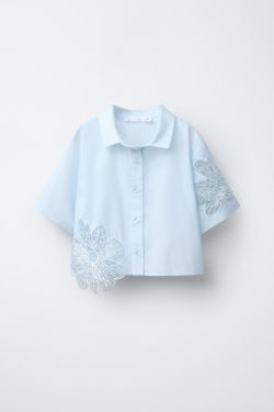 ZARA РУБАШКА С КОНТРАСТНЫМ БЛЕСТЯЩИМ ЦВЕТОМ, СВЕТЛО-ГОЛУБОЙ