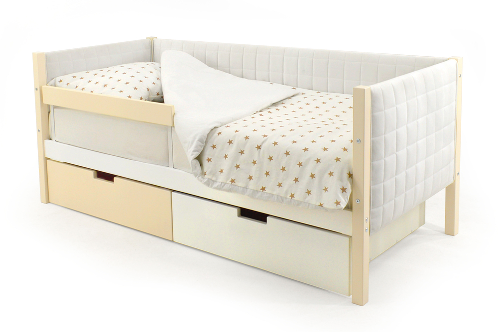 Детская кровать-тахта мягкая с бортиком и ящиками Бельмарко Svogen бежево-белый