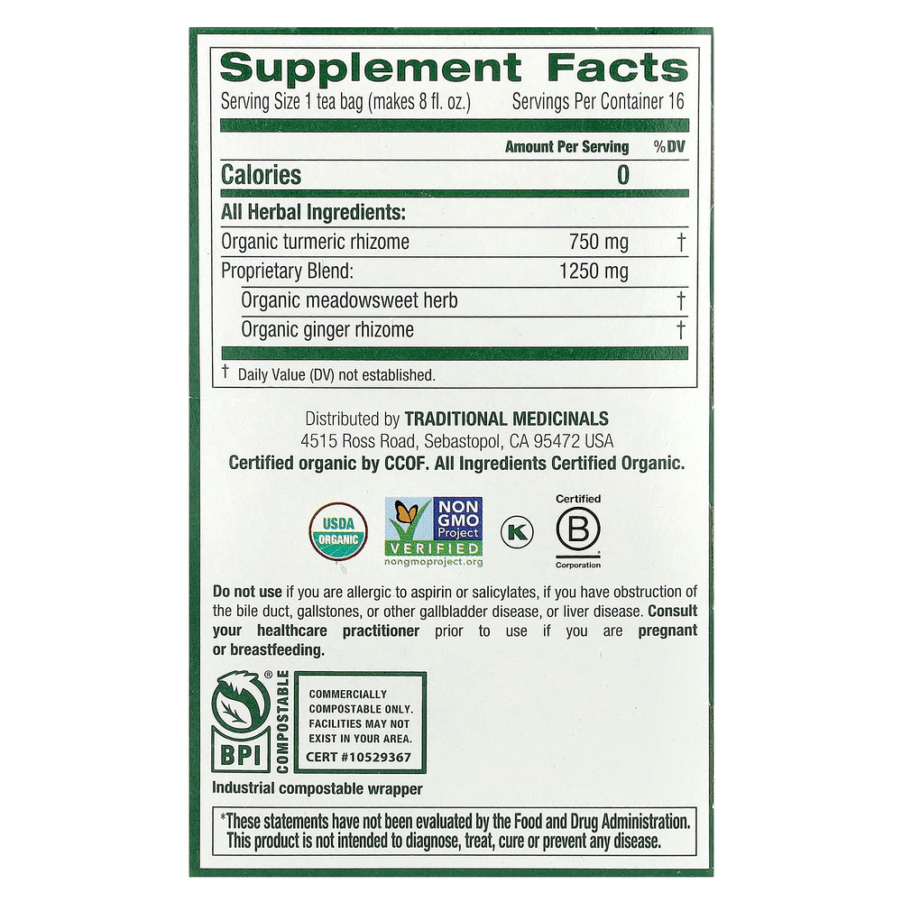 Traditional Medicinals, органическая куркума и имбирь с лабазником, без кофеина, 16 чайных пакетиков в упаковке, 32 г (1,13 унции)