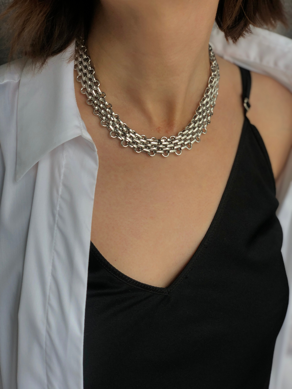 Цепь плоское плетение винтаж, цвет серебро глянец