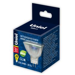 LED-MR11-3W-WW-GU4-220V GLZ21TR Лампа светодиодная. 220V. Прозрачная. Теплый белый свет 3000K. Картон. ТМ Uniel.