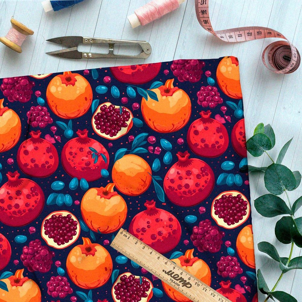 Ткань премиум шелк искусственный Армани гранатовые плоды на темном