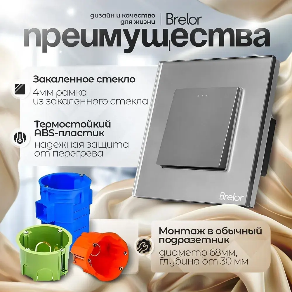 Выключатель одноклавишный Brelor серый с рамкой из закаленного стекла 4 мм инструкция на русском языке