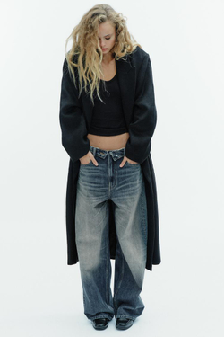 ZARA УДЛИНЕННОЕ ПАЛЬТО ИЗ СМЕСОВОЙ ШЕРСТИ, ЧЕРНЫЙ