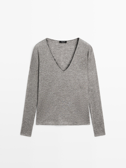 Massimo Dutti Футболка с V-образным вырезом и отделкой кружевом, серый меланж