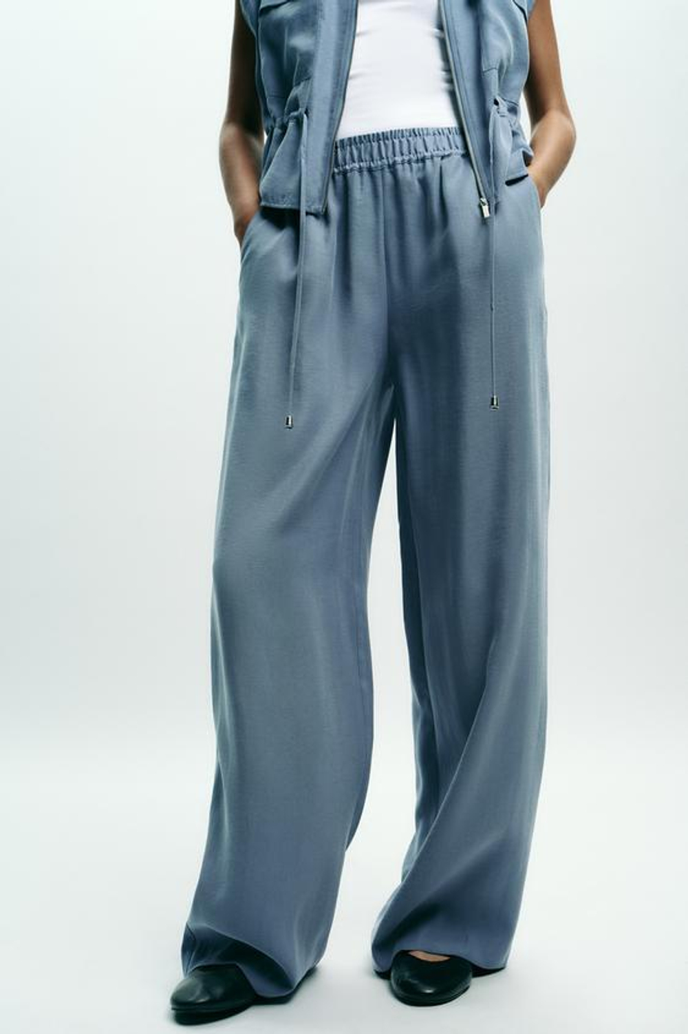 ZARA ШИРОКИЕ БРЮКИ ИЗ МЯГКОЙ ТКАНИ, СЕРО-СИНИЙ