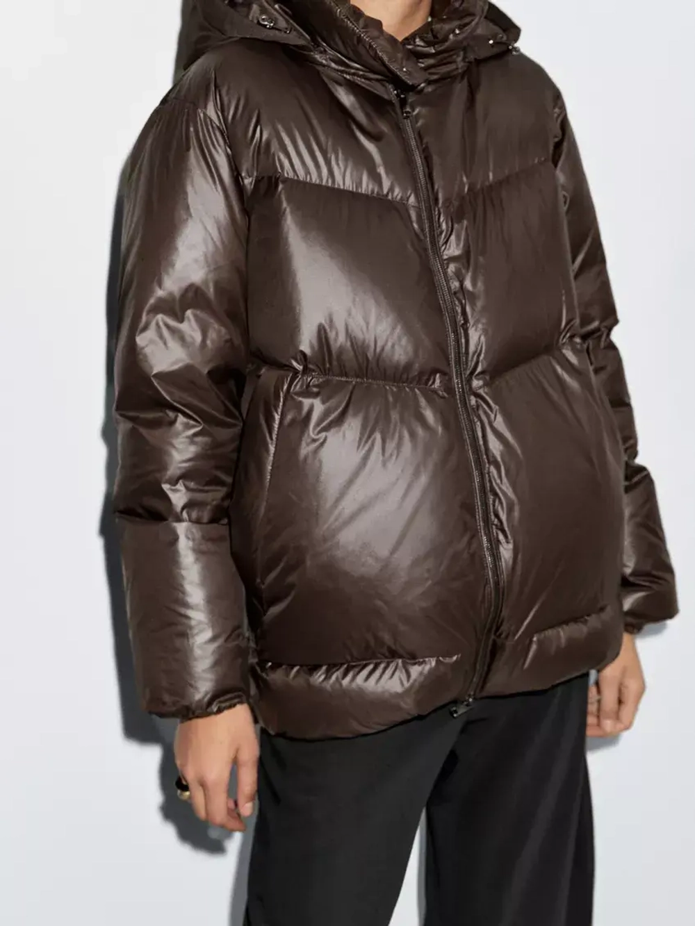 Massimo Dutti Непромокаемый пуховик с отстегивающимся капюшоном, коричневый
