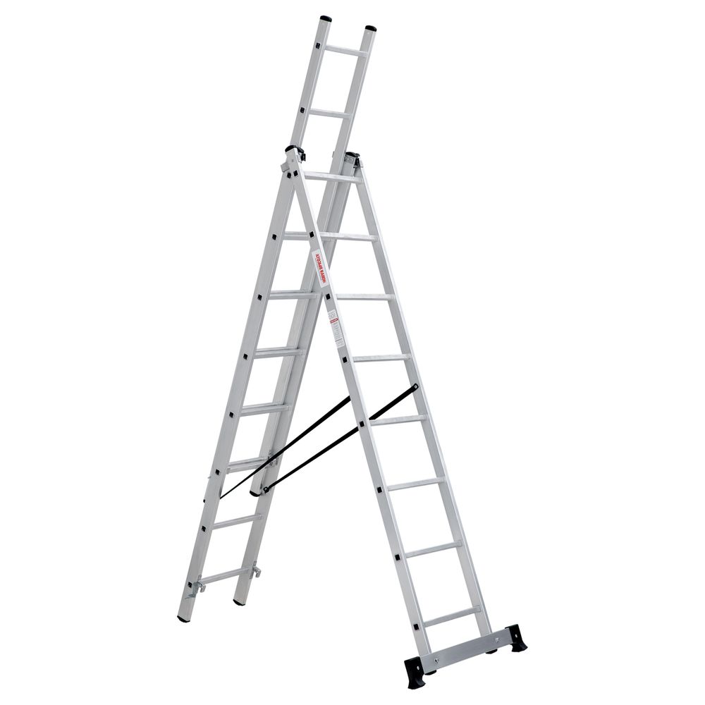 Лестница-стремянка 3 x 8 ступеней, трехсекционная Новая высота NV 1230, алюминиевая, 2,14 - 4,74 м, 46493---