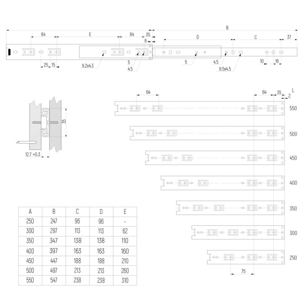 SETE Шариковая направляющая H45 L350
