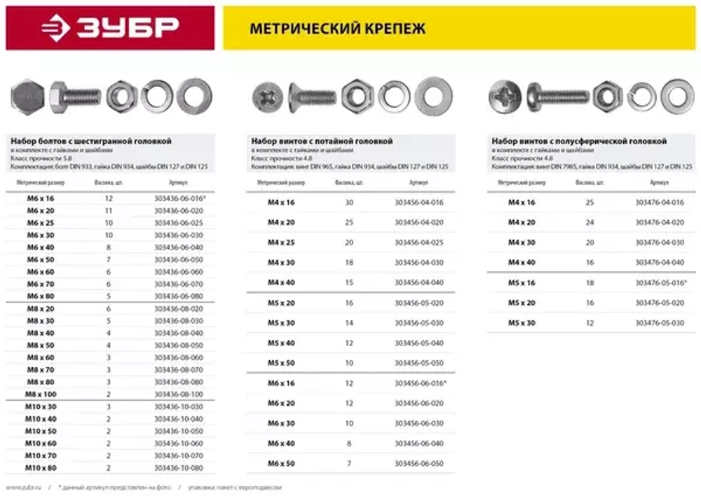 Винт ЗУБР DIN7985 в комплекте с гайкой DIN934 303476-04-040
