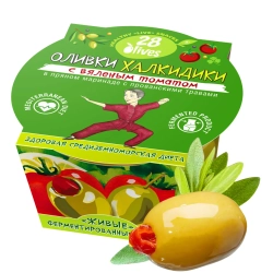 Оливки Халкидики с вяленым томатом в маринаде с прованскими травами 28Olives, 150 г, упаковка с оливкой