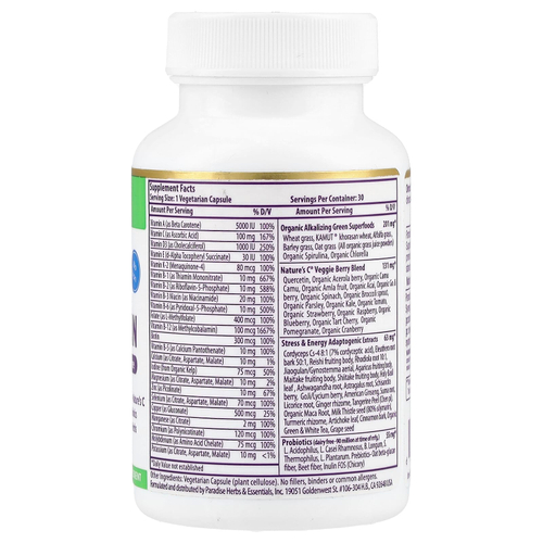 Paradise Herbs, Earth's Blend, одна ежедневная мультивитаминная добавка с суперфудами, без железа, 30 вегетарианских капсул