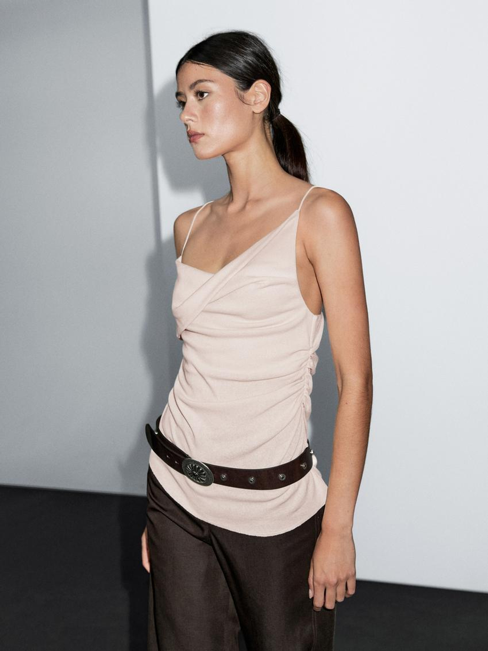 Massimo Dutti Топ из 100% хлопка с асимметричным вырезом, натуральный, кремовый