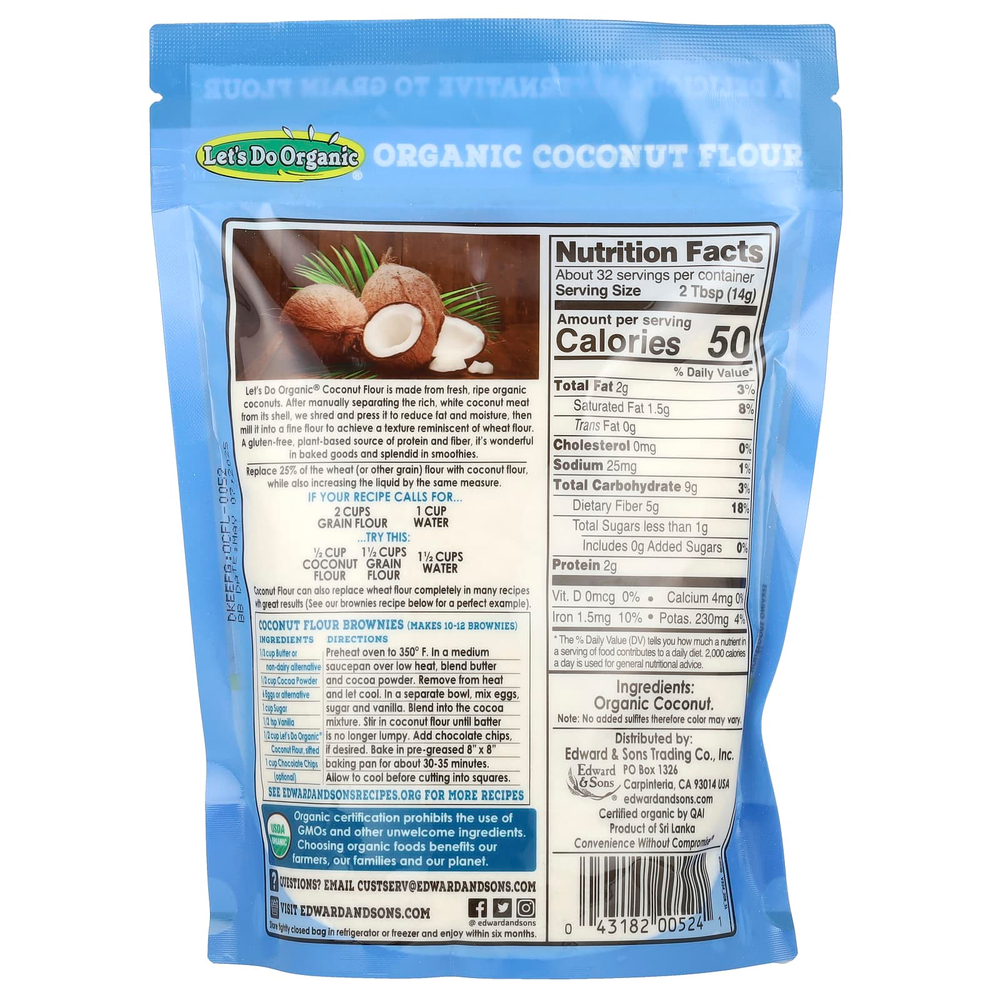 Edward & Sons, Let's Do Organic, 100 % органическая кокосовая мука, 454 г (1 фунт)