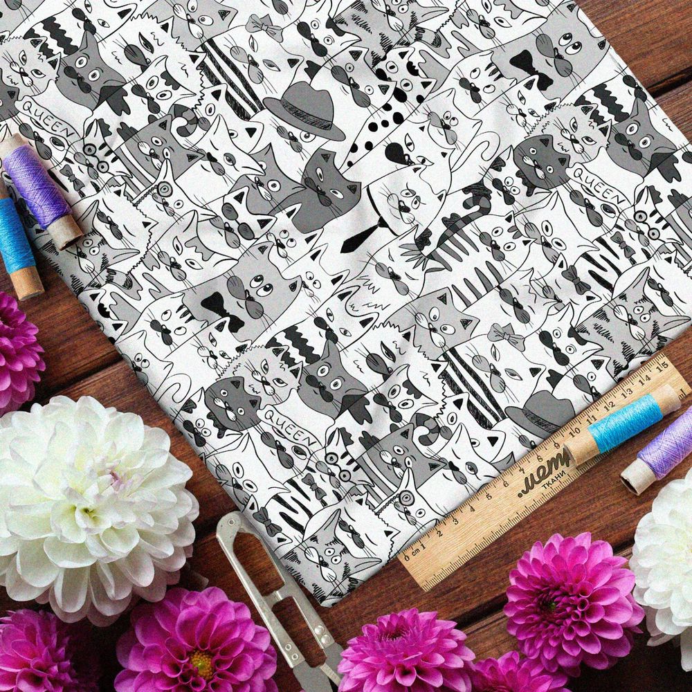 Ткань ниагара бело-серые коты из мультиков