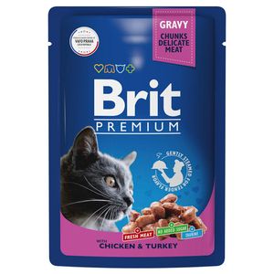 Пауч Brit Premium для взрослых кошек, цыпленок и индейка в соусе