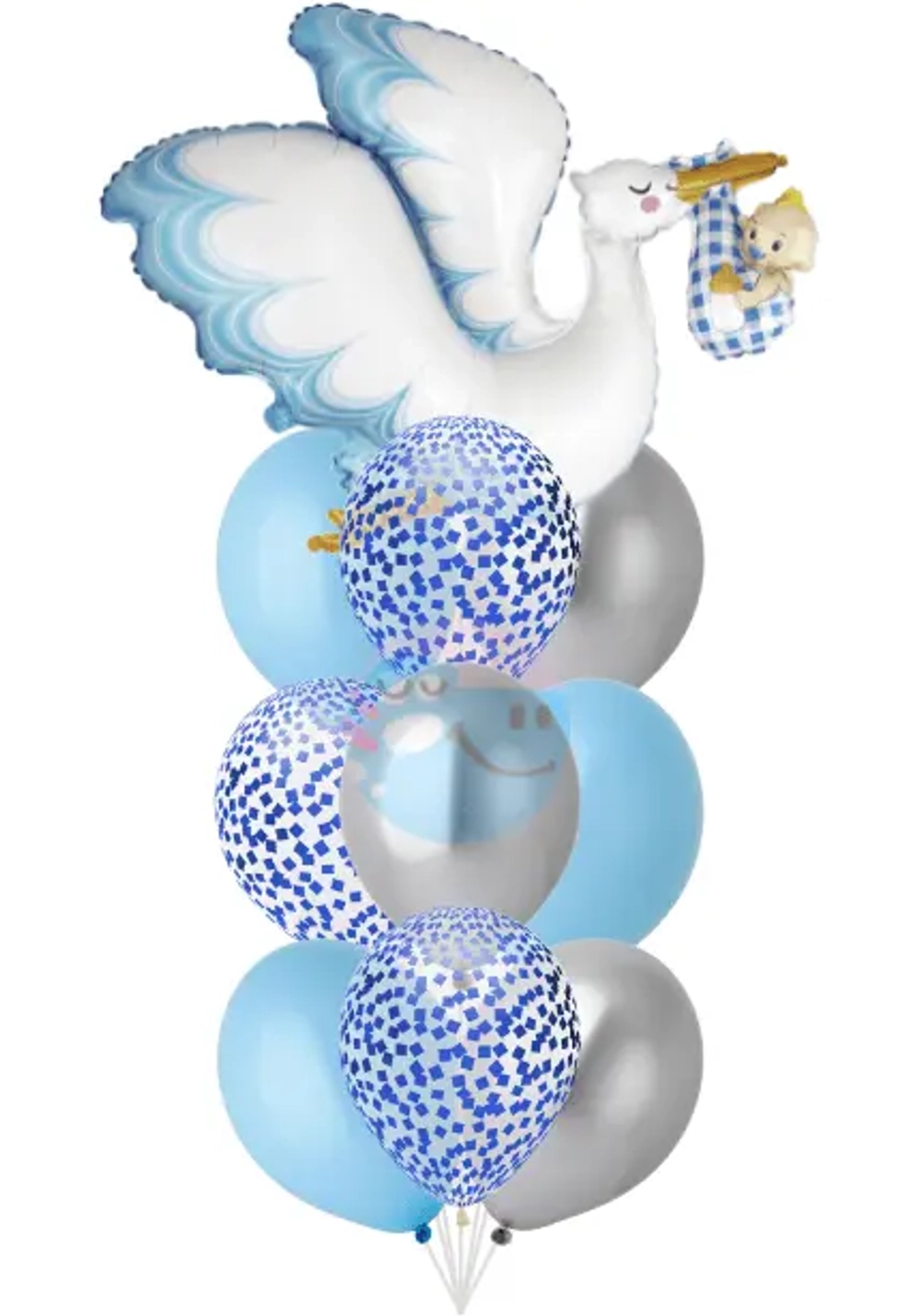 Фонтан на выписку для мальчика с аистом из 10 воздушных шаров с гелием