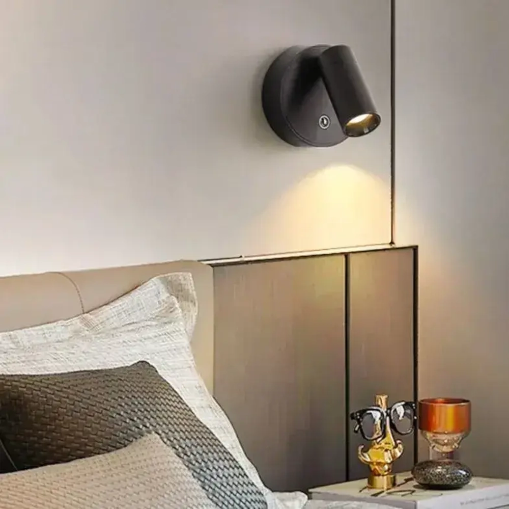 Светильник настенный беспроводной с выключателем, бра светодиодное, 3000К, 1.6Вт,черный