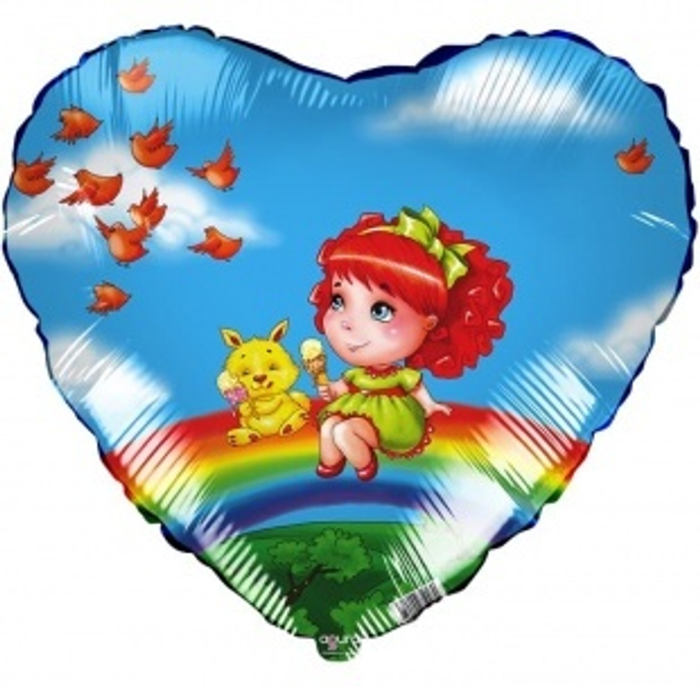 Шар (19""/48 см) Сердце, Девочка на радуге, Голубой, 1 шт А31