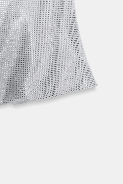 ZARA ТОП ИЗ СЕТКИ СО СТРАЗАМИ И ДРАПИРОВКОЙ, СЕРЕБРИСТЫЙ