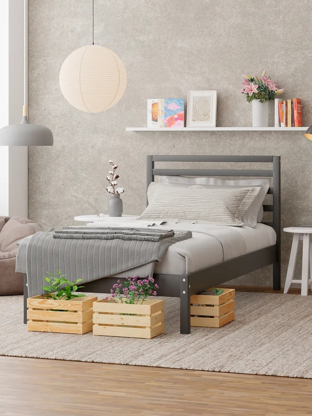 Кровать односпальная 90х200 Тарва из сосны с настилом, серая