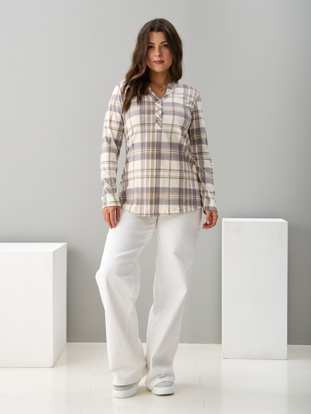 Блузка БЛ-22/клеткабеж-серебро