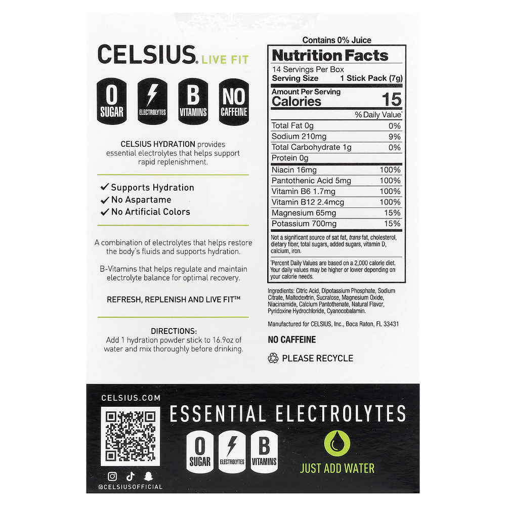 Celsius, Live Fit, увлажнение, незаменимые электролиты, без кофеина, лимон и лайм, 14 стиков в виде порошка для увлажнения, по 7,41 г (0,26 унции)