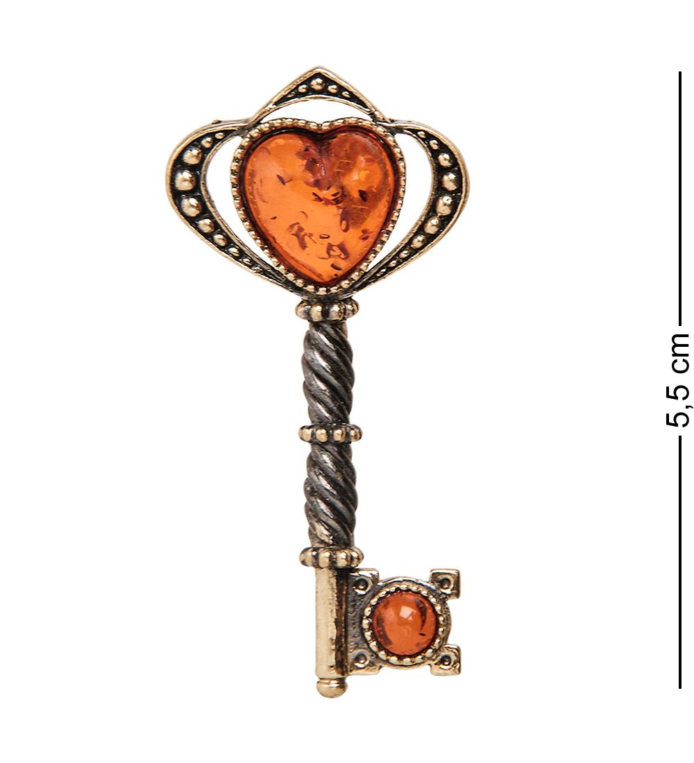 AM-2334 Брошь «Ключ от сердц» (латунь, янтарь)