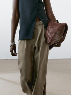 Massimo Dutti Брюки из 100% льна в полоску с пряжкой, серо-зеленый