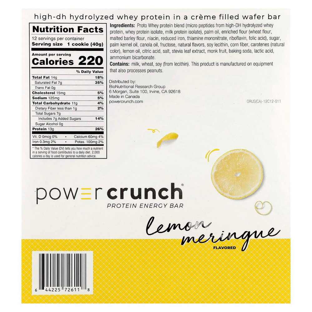 BNRG, Power Crunch, протеиновый энергетический батончик, лимонная меренга, 12 батончиков, 40 г (1,4 унции) каждый