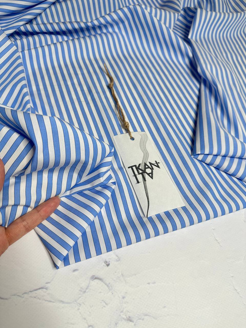 Плательно-блузочный однотонный поплин (Ralph Lauren, 100%хлопок, Бело-голубая вертикальная полоска, 148, 100 гр/м2)