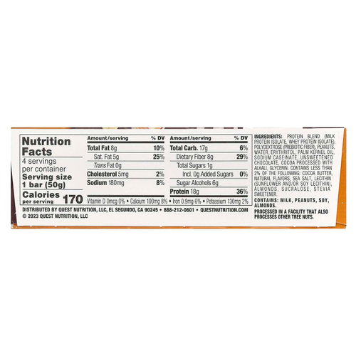 Quest Nutrition, Протеиновый батончик, шоколадный батончик с арахисовой пастой, 4 батончика, 50 г (1,76 унции)
