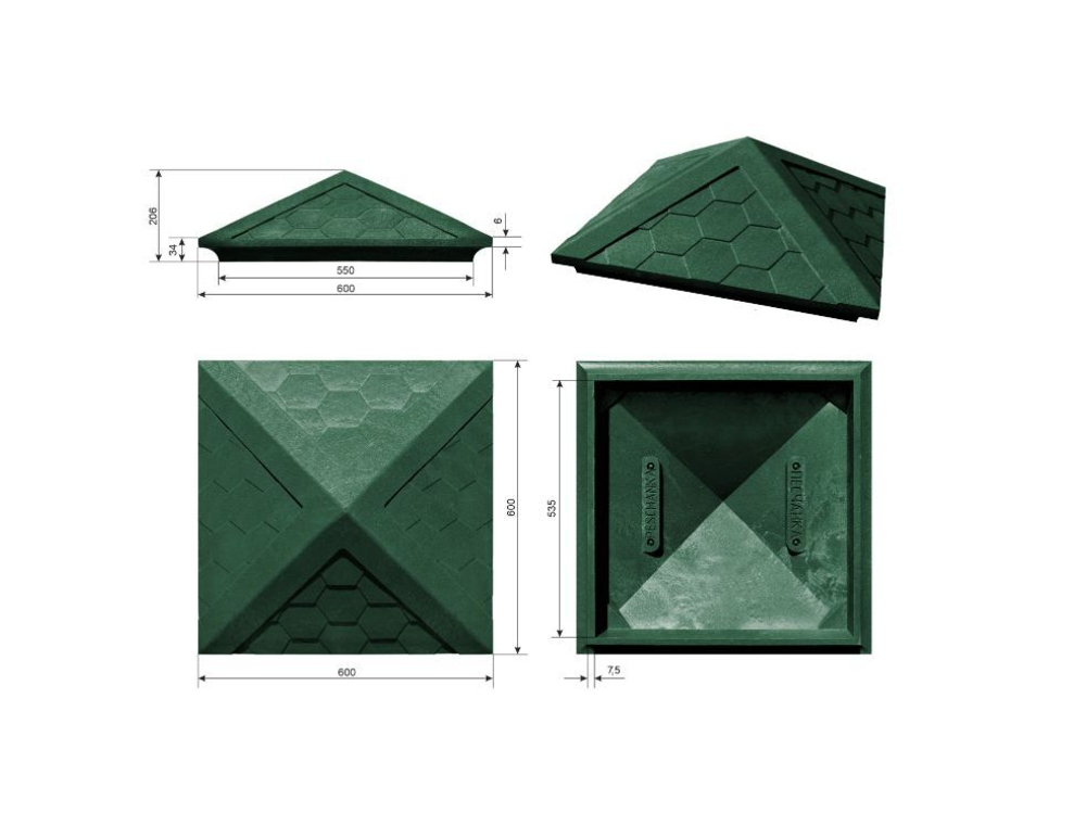 Полимерно-песчаный колпак на заборный столб, 2 × 2 кирпича, 535 × 535 × 43, «Гибкая черепица» (зеленый)