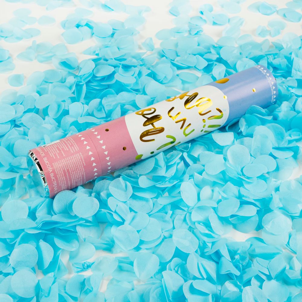 Пневмохлопушка (12/30 см), Гендер Пати, Круги фольга и тишью, Голубой/Золото, 1 шт.