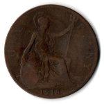 1 пенни 1913 год. Великобритания (Георг V). Бронза, диаметр 30.8 мм. VF