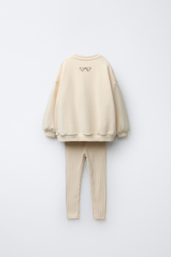 ZARA КОМПЛЕКТ С ТОЛСТОВКОЙ С БАНТОМ И ЛЕГИНСАМИ В РУБЧИК, ЭКРЮ/ЖЕЛТЫЙ