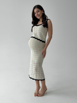 Комплект вязаный, ажурный топ и длинная юбка, с окантовкой