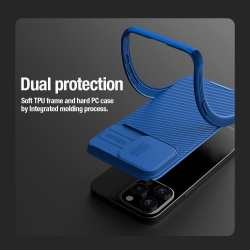 Чехол синего цвета с защитной шторкой для камеры от Nillkin на iPhone 15 Pro, серия CamShield Pro Case