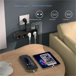 HITRENDS Сетевой фильтр EU 4 розетки + 2USB + Type-C, 250V/16A/3840W, компактный (5см), безопасное подключение для нескольких устройств