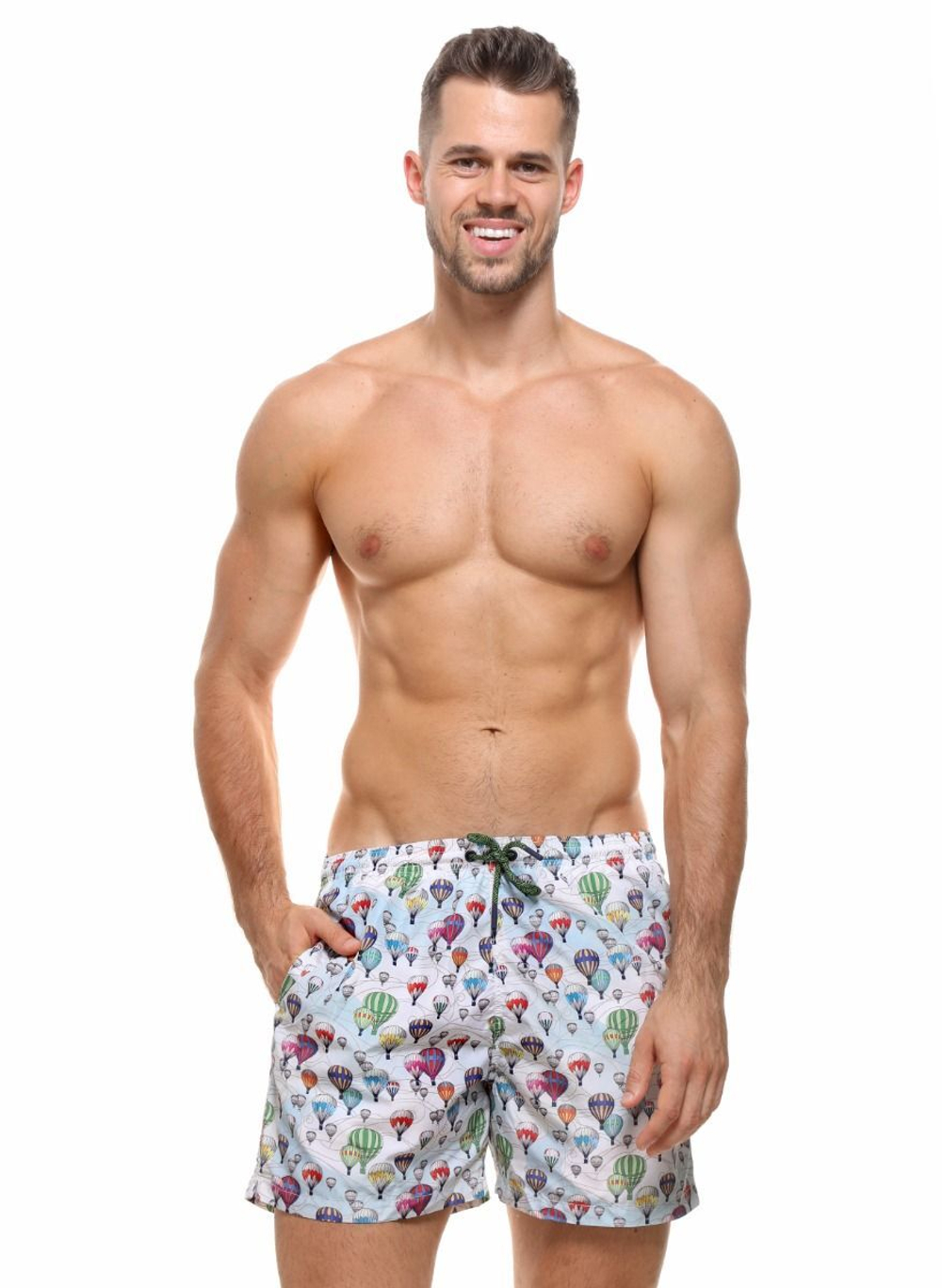 Мужские пляжные шорты с принтом в виде воздушных шаров (Размер: L) (Цвет: белый)