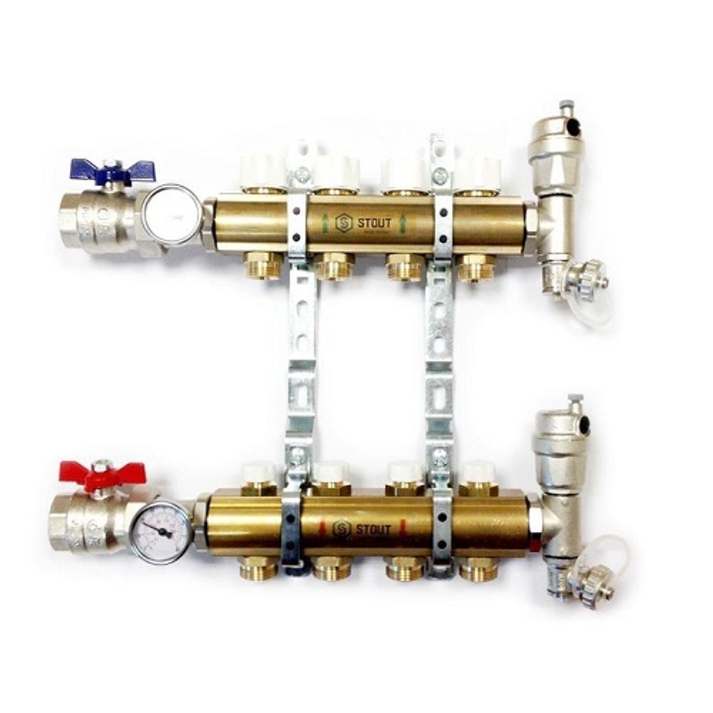 Коллекторная группа в сборе STOUT - 1&quot; на 8 контуров 3/4&quot; (латунь, с вентилями)