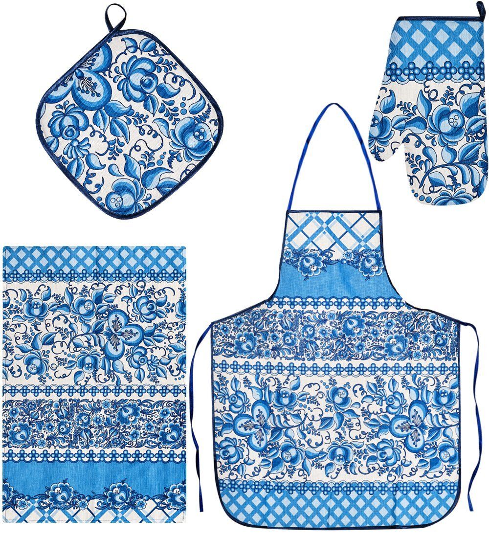 ТК-239-B Набор 4 пр. «Фартук, рукавица, прихватка, полотенце» (лен, синий)