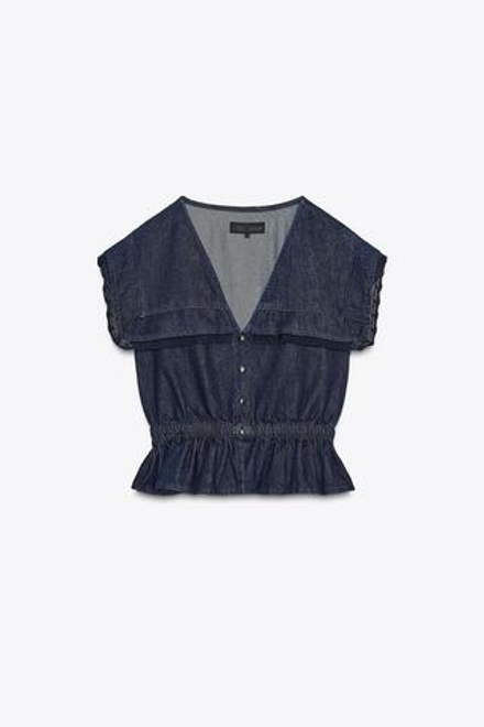 ZARA ДЖИНСОВАЯ РУБАШКА С КРУЖЕВОМ, СИНИЙ