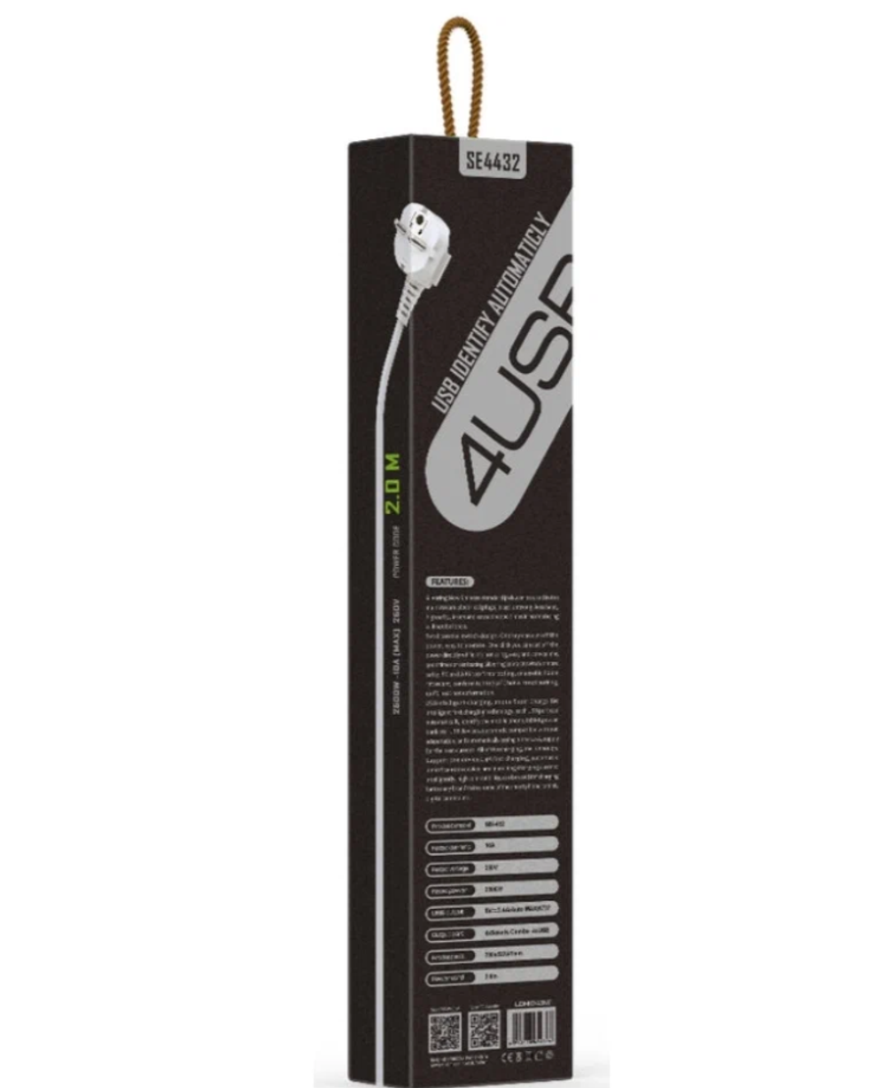 Фильтр сетевой LDNIO SE4432 (4роз./USB/2.0М.) Евровилка