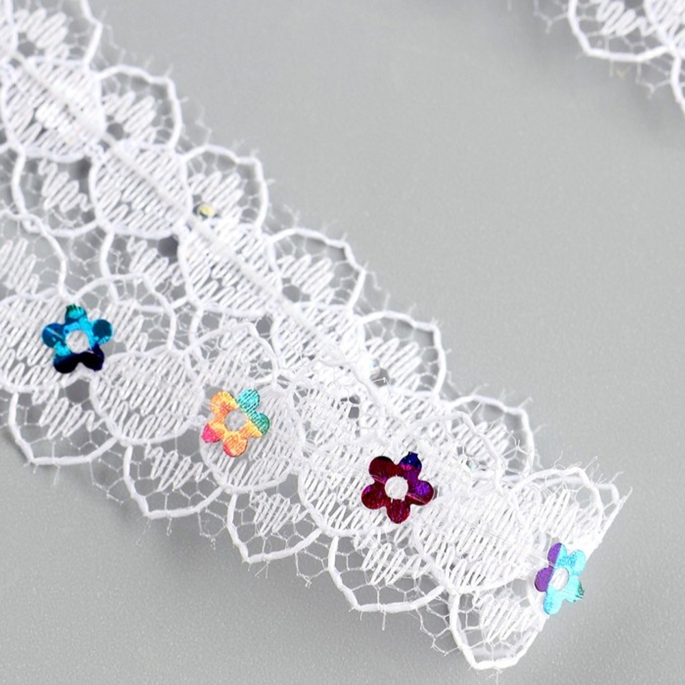 Тесьма гипюровая белая с пайетками 15 мм