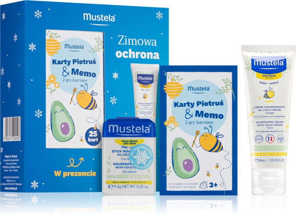 Mustela protective moisturising stick for children from birth 9.2 g + nourishing cream for dry skin 40 ml + playing cards 25 pc Bébé Dry Skin Winter Protection