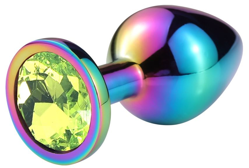 Разноцветная гладкая анальная пробка с салатовым кристаллом - 9,5 см. (Цвет: салатовый)